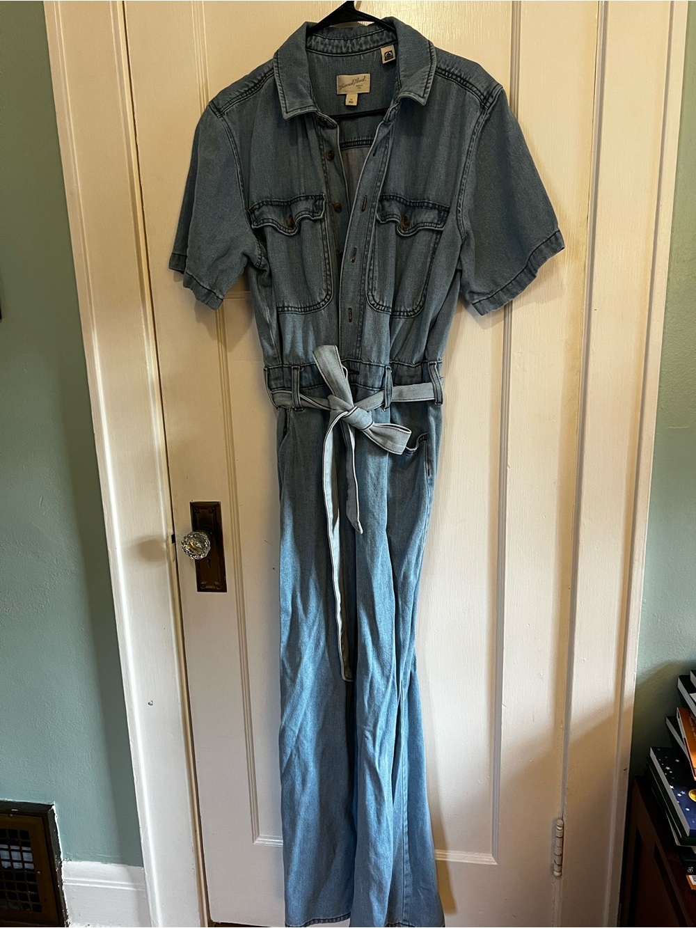 Universal Thread Light Blue Denim Jumpsuit with Waist Tie
